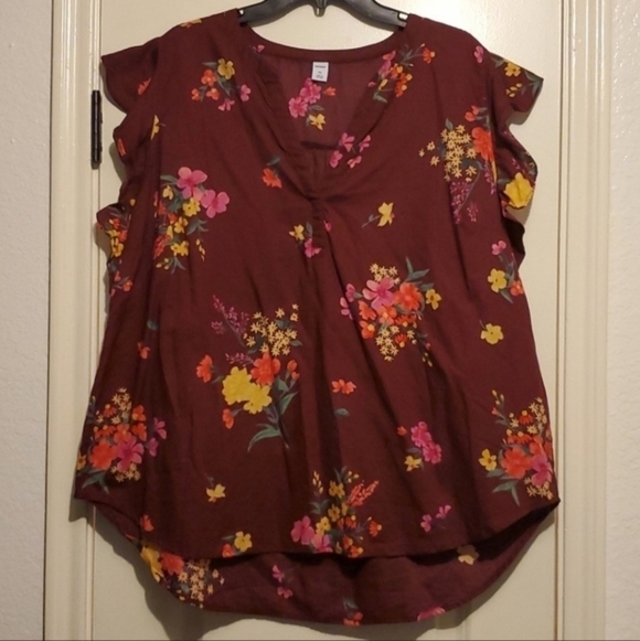 Old Navy Tops - Old Navy Maroon Ruffle Sleeve Floral Top Women's XL V-Neck Casual Summer EUC
